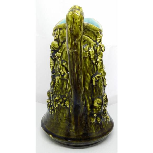 French Antique Majolica Pitcher Sarreguemines Green Turquoise Relief Scene Jug - Picture 9 of 10